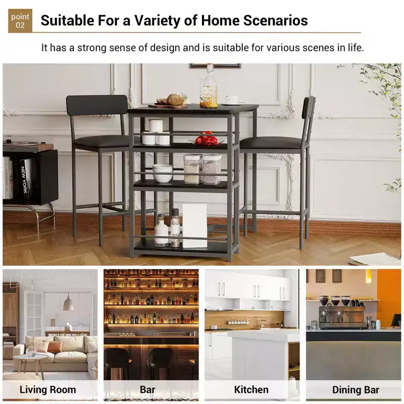 Bar Table Set for 2 with 2 PU Cushion Stools and 3 Storage Shelves, 3 Piece