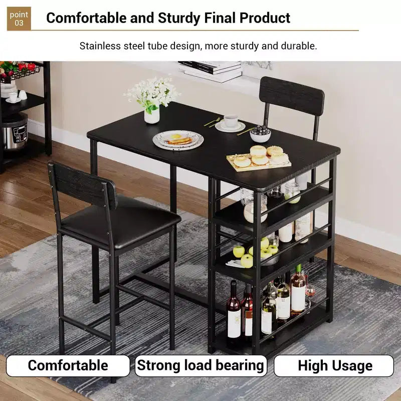 Bar Table Set for 2 with 2 PU Cushion Stools and 3 Storage Shelves, 3 Piece