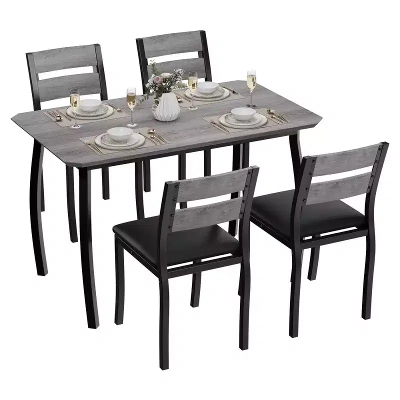 5 Piece Dining Table Set for 4, Space-Saving Kitchen Table with Upholstered Chairs, Modern Angled Corner Design