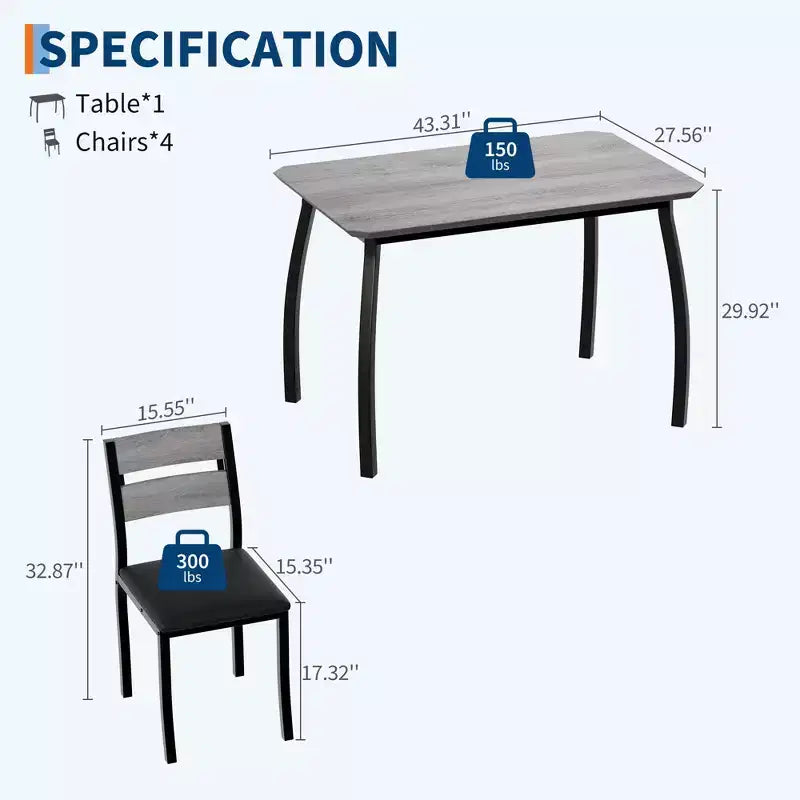 5 Piece Dining Table Set for 4, Space-Saving Kitchen Table with Upholstered Chairs, Modern Angled Corner Design