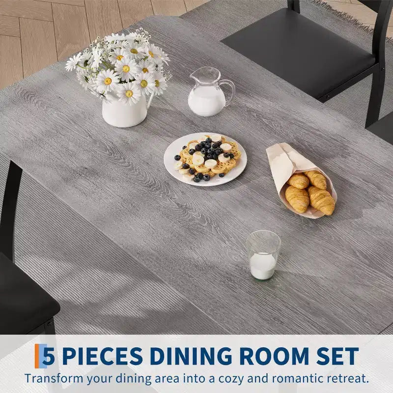 5 Piece Dining Table Set for 4, Space-Saving Kitchen Table with Upholstered Chairs, Modern Angled Corner Design