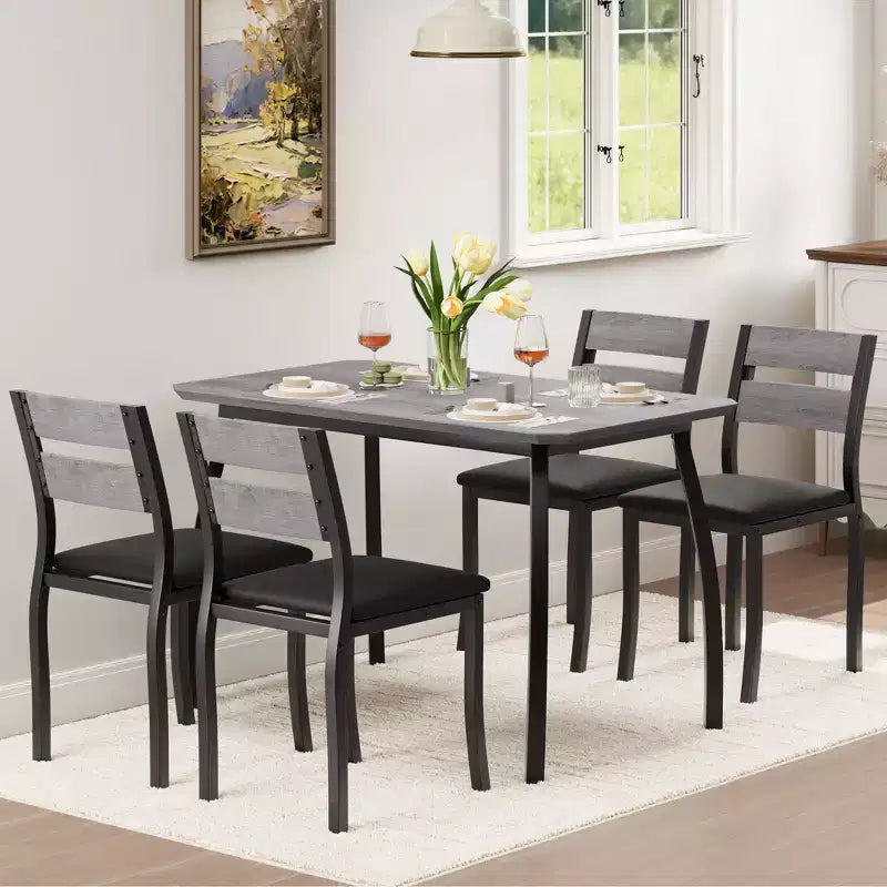 5 Piece Dining Table Set for 4, Space-Saving Kitchen Table with Upholstered Chairs, Modern Angled Corner Design
