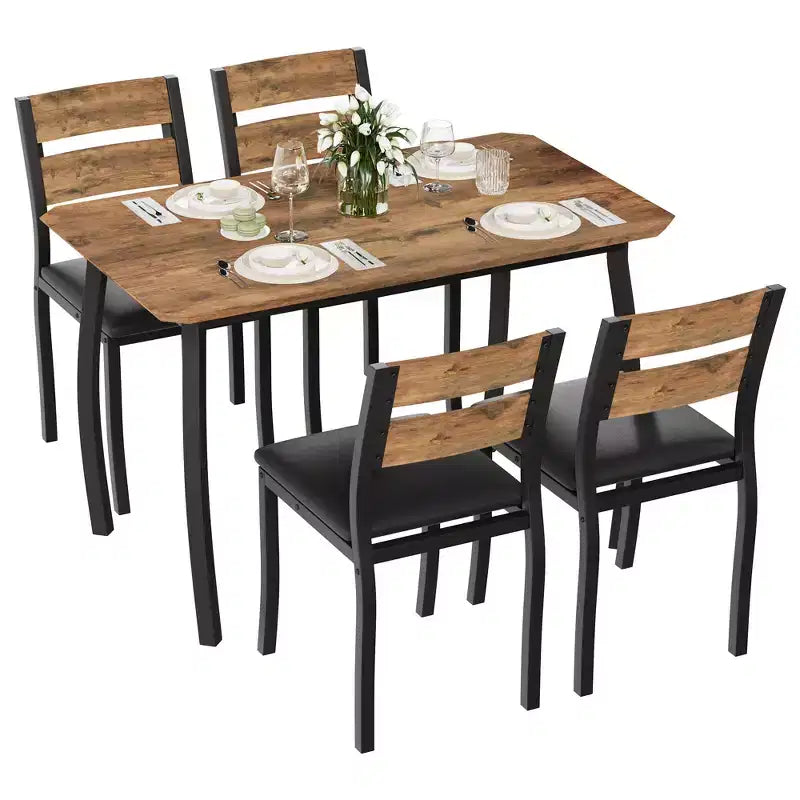 5 Piece Dining Table Set for 4, Space-Saving Kitchen Table with Upholstered Chairs, Modern Angled Corner Design