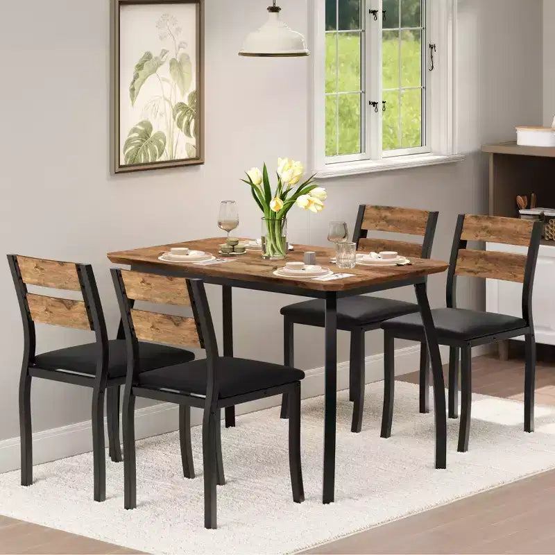 5 Piece Dining Table Set for 4, Space-Saving Kitchen Table with Upholstered Chairs, Modern Angled Corner Design
