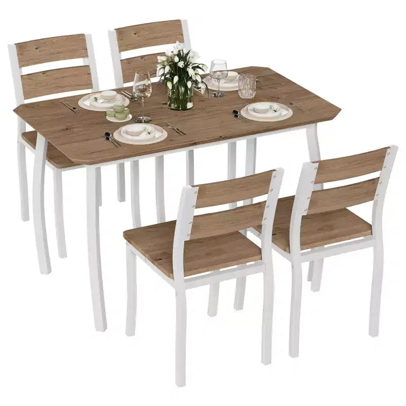 5 Piece Dining Table Set for 4, Space-Saving Kitchen Table with Upholstered Chairs, Modern Angled Corner Design