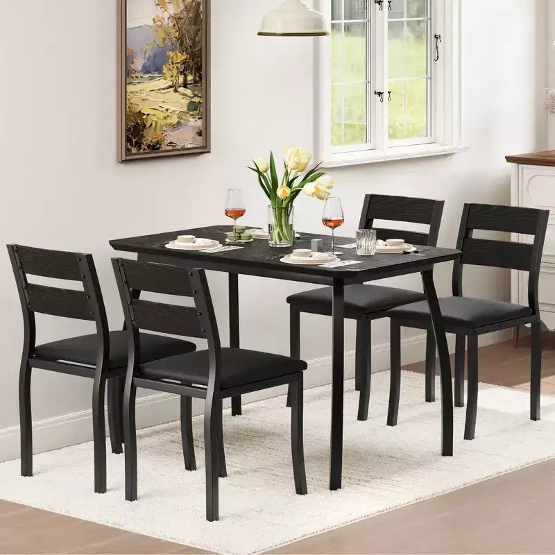 5 Piece Dining Table Set for 4, Space-Saving Kitchen Table with Upholstered Chairs, Modern Angled Corner Design