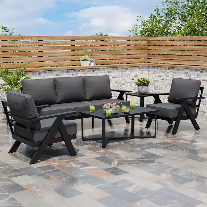 EAGLE PEAK Urban Slate 5 Piece Modern Outdoor Patio Furniture Set, Couch, Swivel Chairs, Coffee Table, and Side Table
