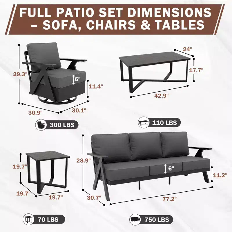 EAGLE PEAK Urban Slate 5 Piece Modern Outdoor Patio Furniture Set, Couch, Swivel Chairs, Coffee Table, and Side Table