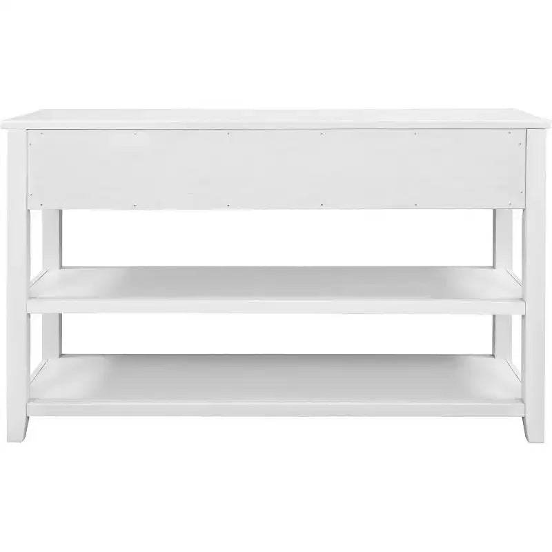 Console, milieu de siècle moderne, pieds en bois, 3 tiroirs et 2 étagères ouvertes, pour entrée, couloir, salon