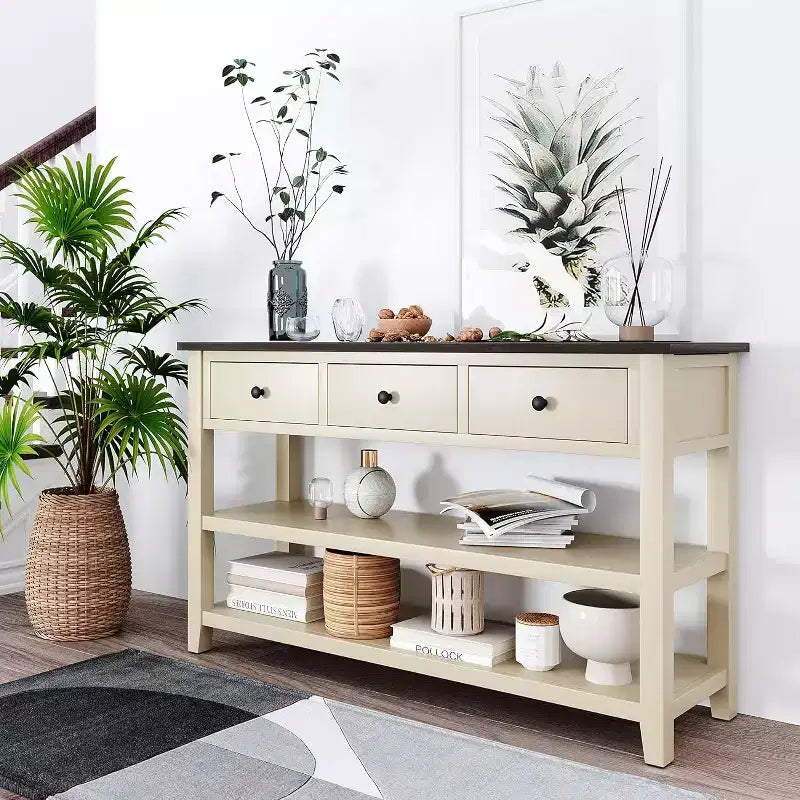 Console, milieu de siècle moderne, pieds en bois, 3 tiroirs et 2 étagères ouvertes, pour entrée, couloir, salon