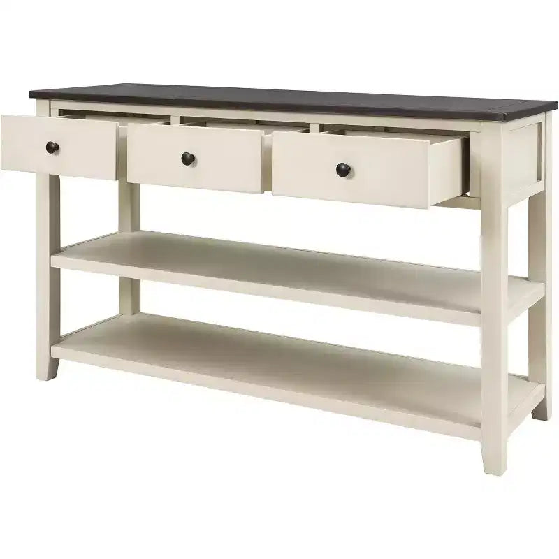 Console, milieu de siècle moderne, pieds en bois, 3 tiroirs et 2 étagères ouvertes, pour entrée, couloir, salon