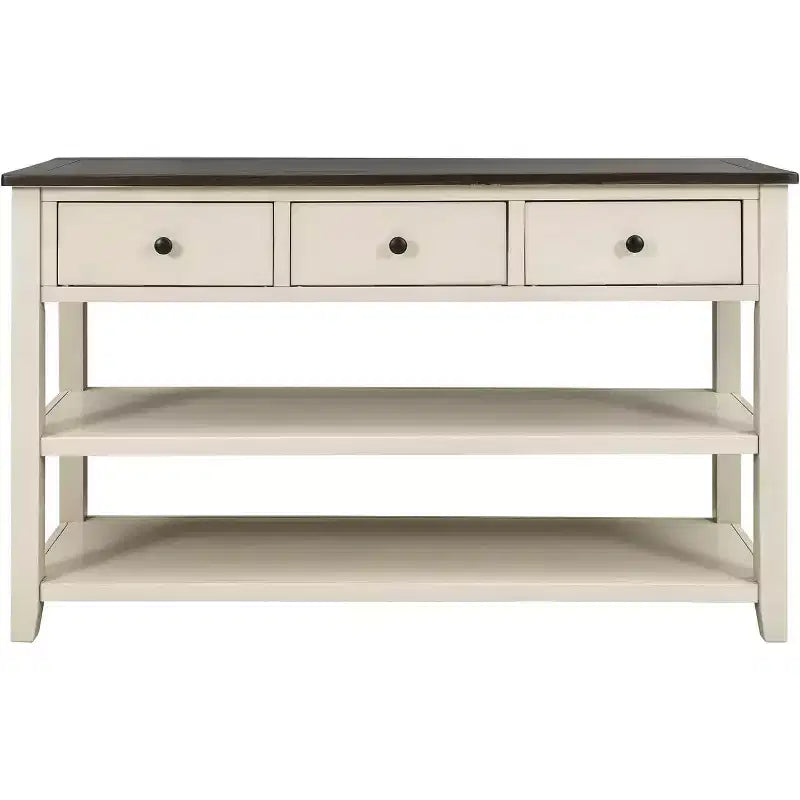Console, milieu de siècle moderne, pieds en bois, 3 tiroirs et 2 étagères ouvertes, pour entrée, couloir, salon