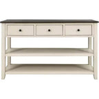 Console, milieu de siècle moderne, pieds en bois, 3 tiroirs et 2 étagères ouvertes, pour entrée, couloir, salon