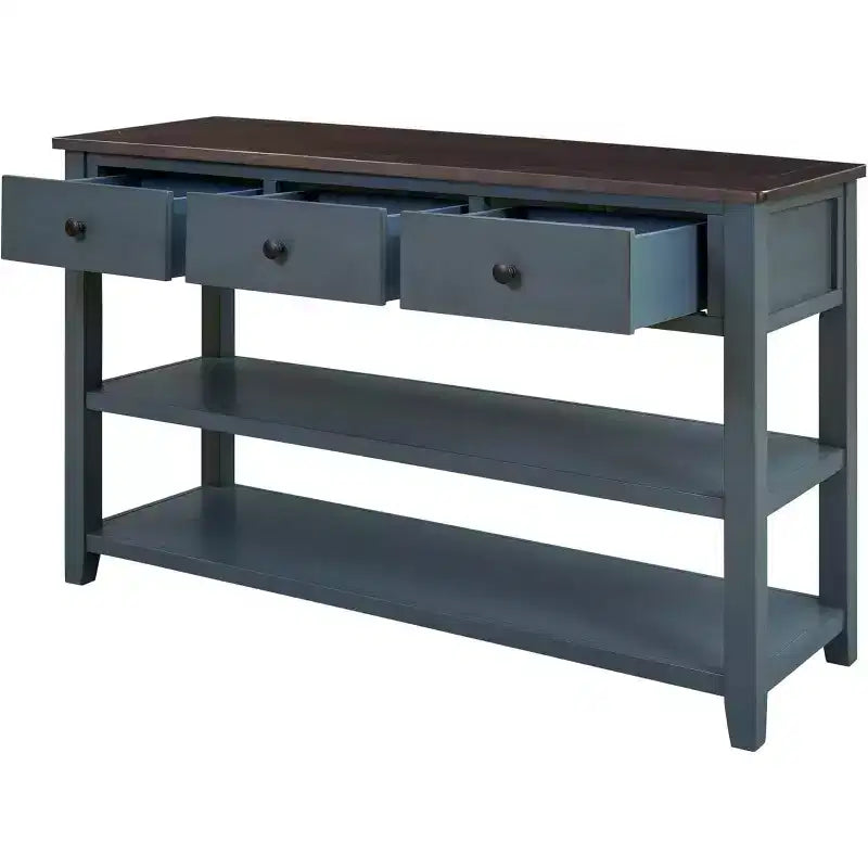 Console, milieu de siècle moderne, pieds en bois, 3 tiroirs et 2 étagères ouvertes, pour entrée, couloir, salon