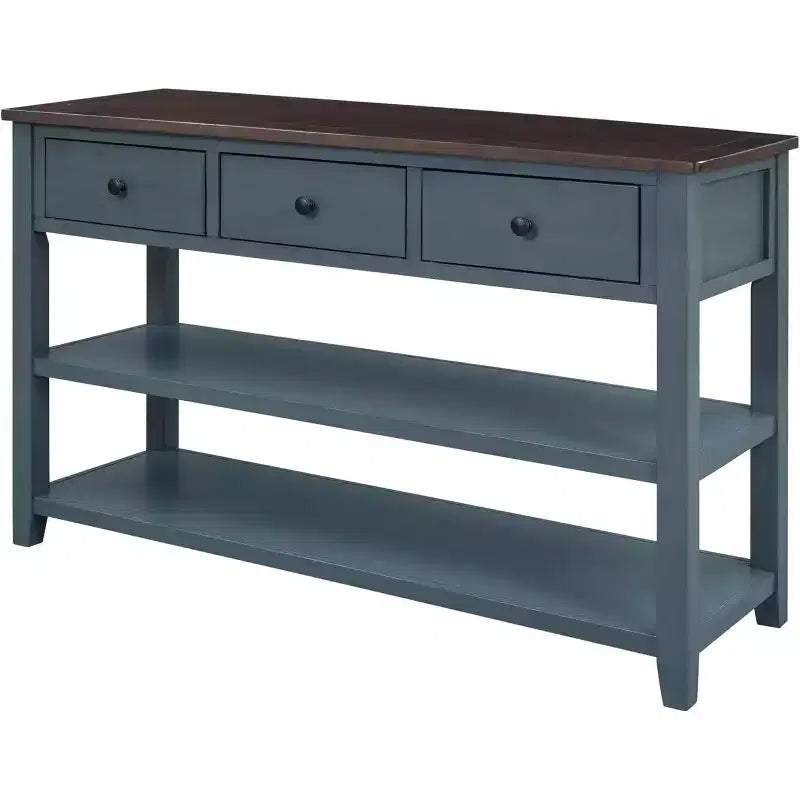 Console, milieu de siècle moderne, pieds en bois, 3 tiroirs et 2 étagères ouvertes, pour entrée, couloir, salon