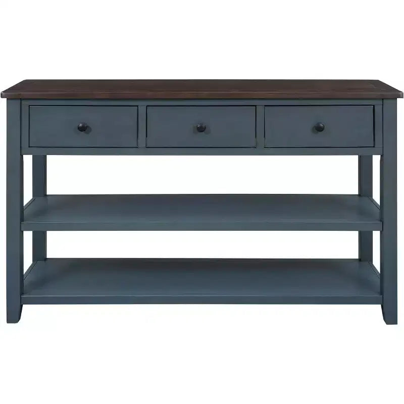 Console, milieu de siècle moderne, pieds en bois, 3 tiroirs et 2 étagères ouvertes, pour entrée, couloir, salon