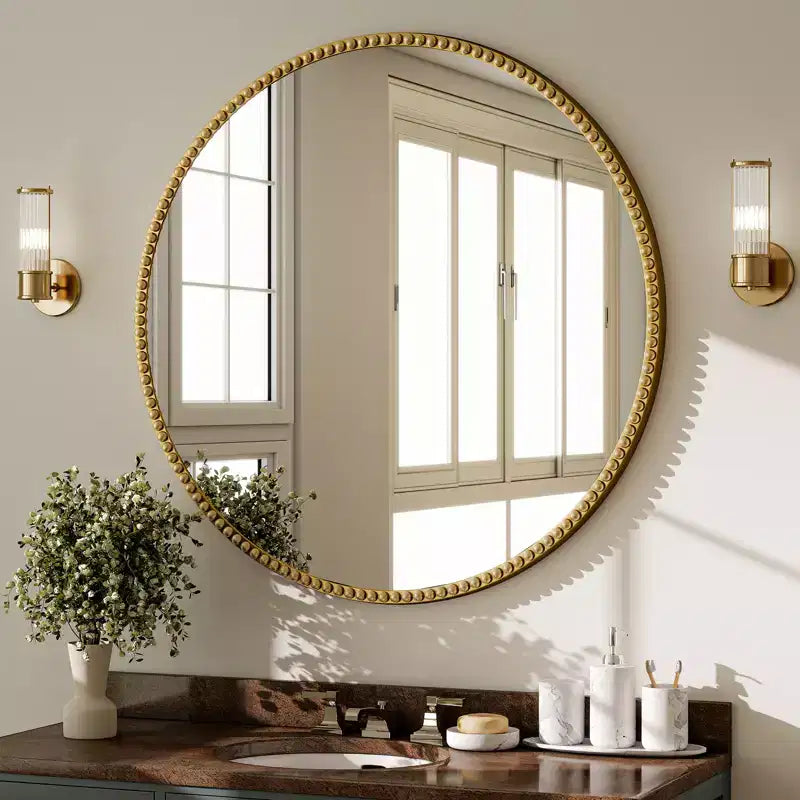 BEAUTYPEAK Round Wall Mirror 24x24 Antique Beaded Resin Frame Vanity Mirror