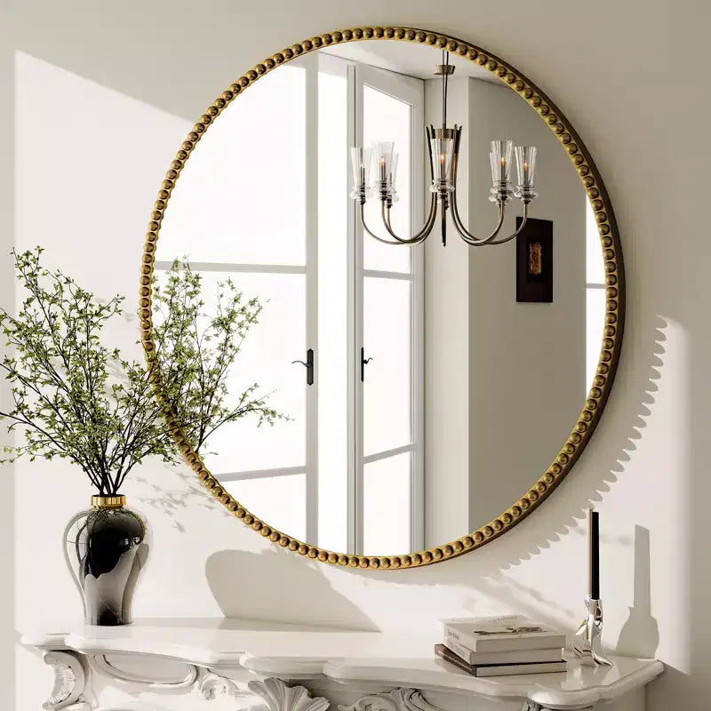 BEAUTYPEAK Round Wall Mirror 24x24 Antique Beaded Resin Frame Vanity Mirror