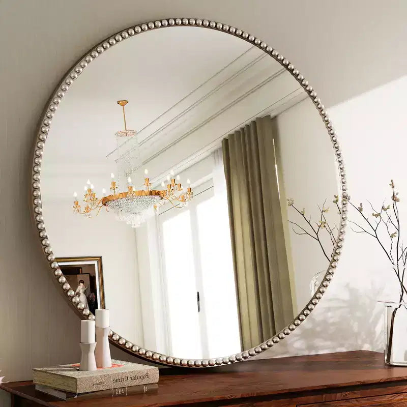 BEAUTYPEAK Round Wall Mirror 24x24 Antique Beaded Resin Frame Vanity Mirror