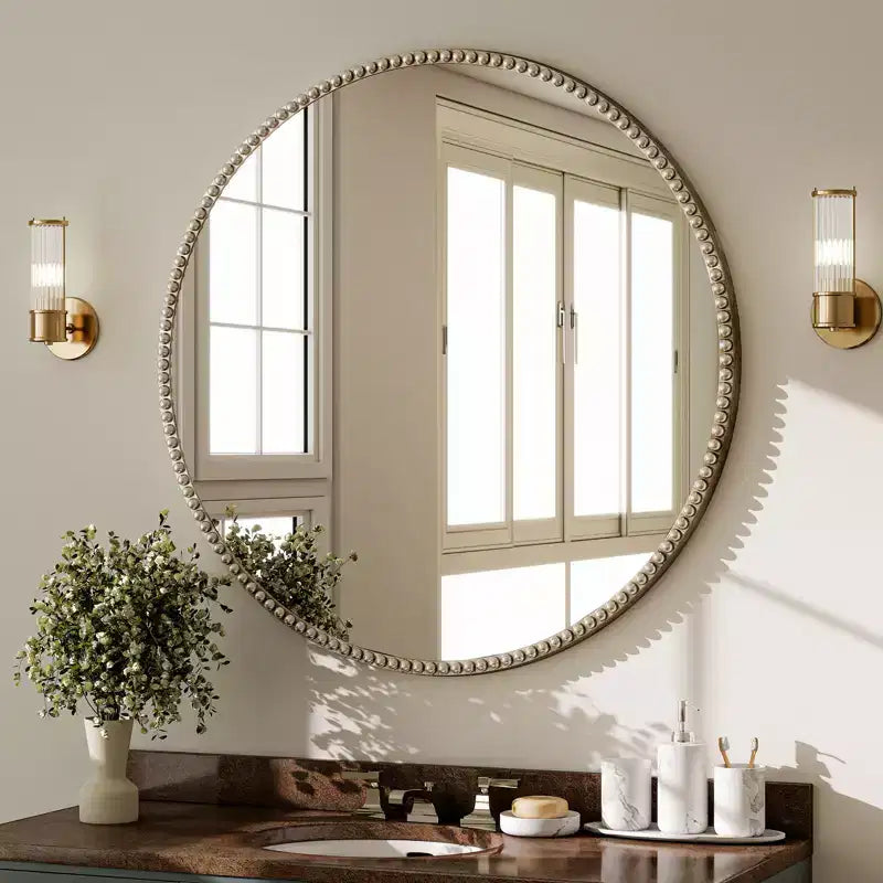 BEAUTYPEAK Round Wall Mirror 24x24 Antique Beaded Resin Frame Vanity Mirror