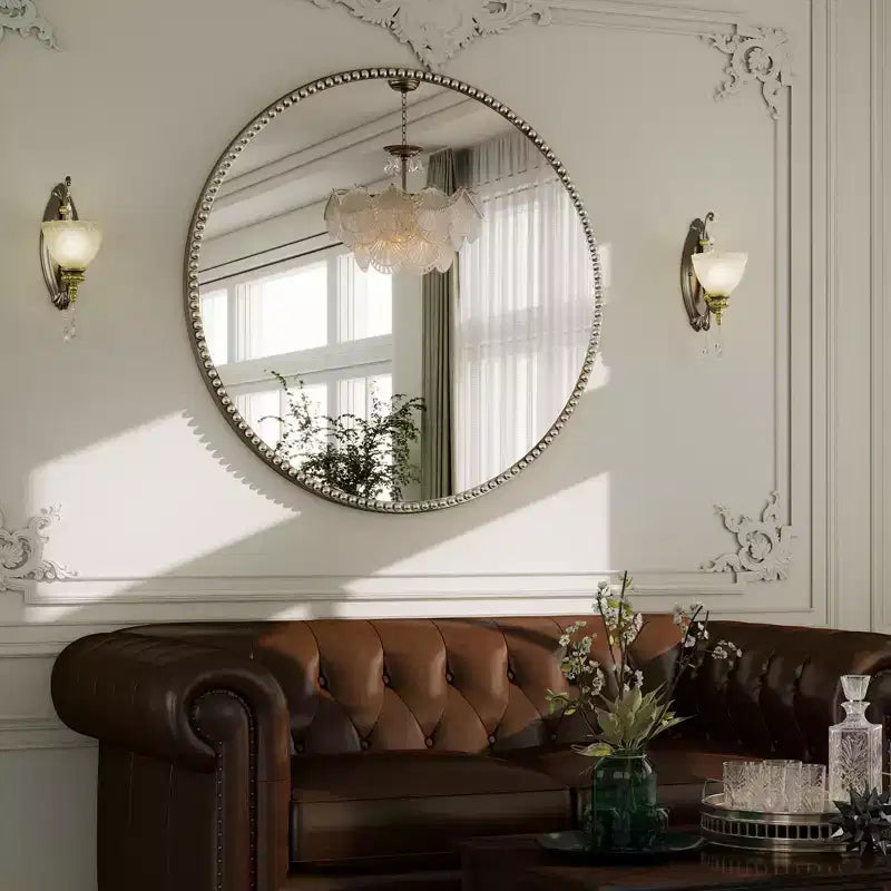 BEAUTYPEAK Round Wall Mirror 24x24 Antique Beaded Resin Frame Vanity Mirror
