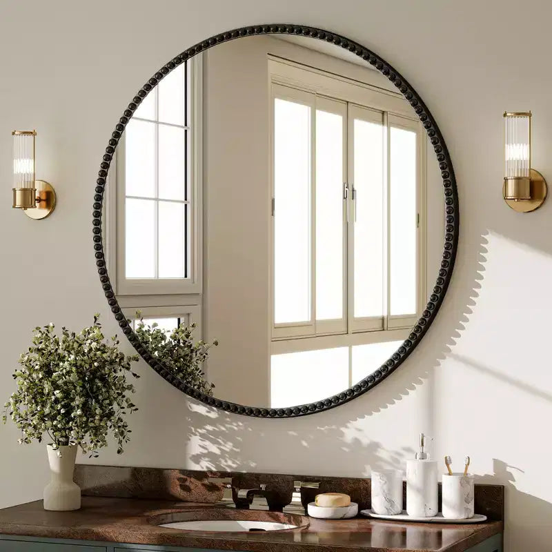 BEAUTYPEAK Round Wall Mirror 24x24 Antique Beaded Resin Frame Vanity Mirror