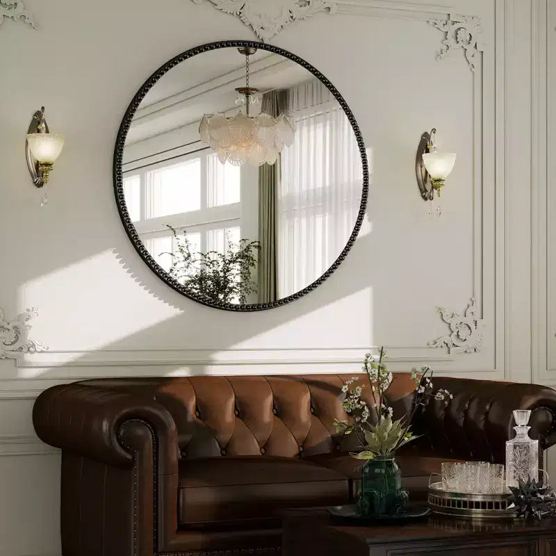 BEAUTYPEAK Round Wall Mirror 24x24 Antique Beaded Resin Frame Vanity Mirror