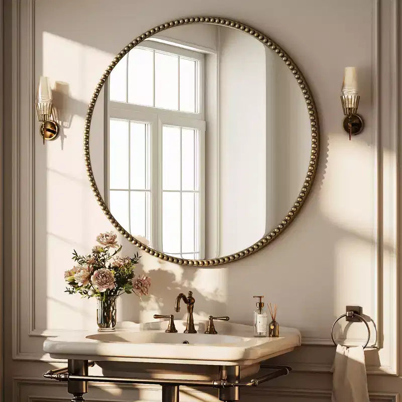BEAUTYPEAK Round Wall Mirror 24x24 Antique Beaded Resin Frame Vanity Mirror