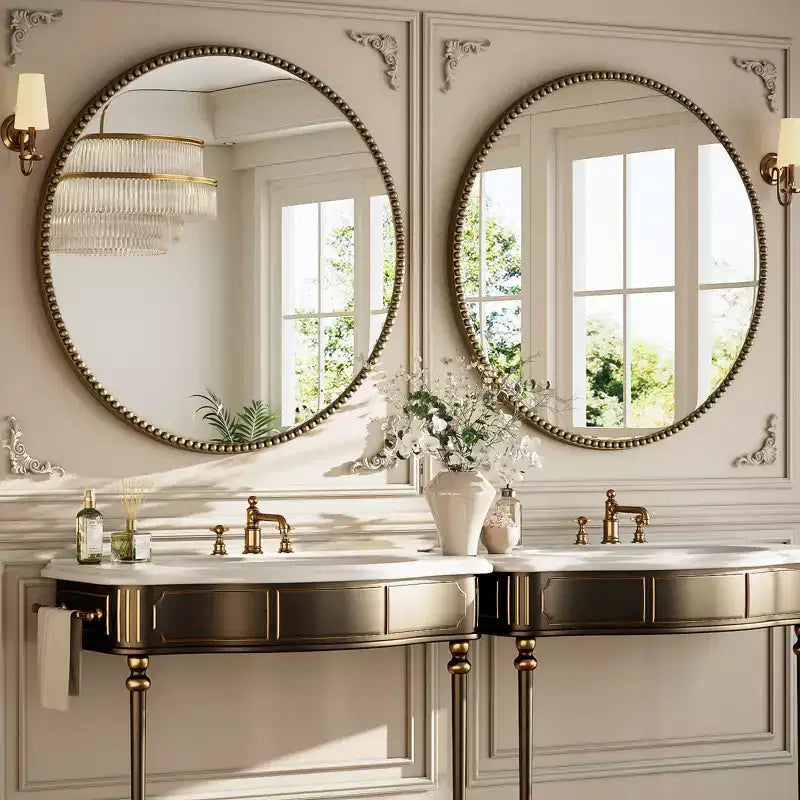 BEAUTYPEAK Round Wall Mirror 24x24 Antique Beaded Resin Frame Vanity Mirror