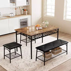 Dining Table Set for 4,with Upholstered Bench & Square Stools & Storage Shelves,Metal & Wood Dining Room Kitchen Table Set for Small Space,Apartment