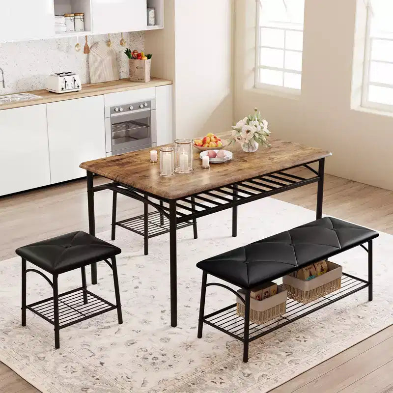 Dining Table Set for 4,with Upholstered Bench & Square Stools & Storage Shelves,Metal & Wood Dining Room Kitchen Table Set for Small Space,Apartment