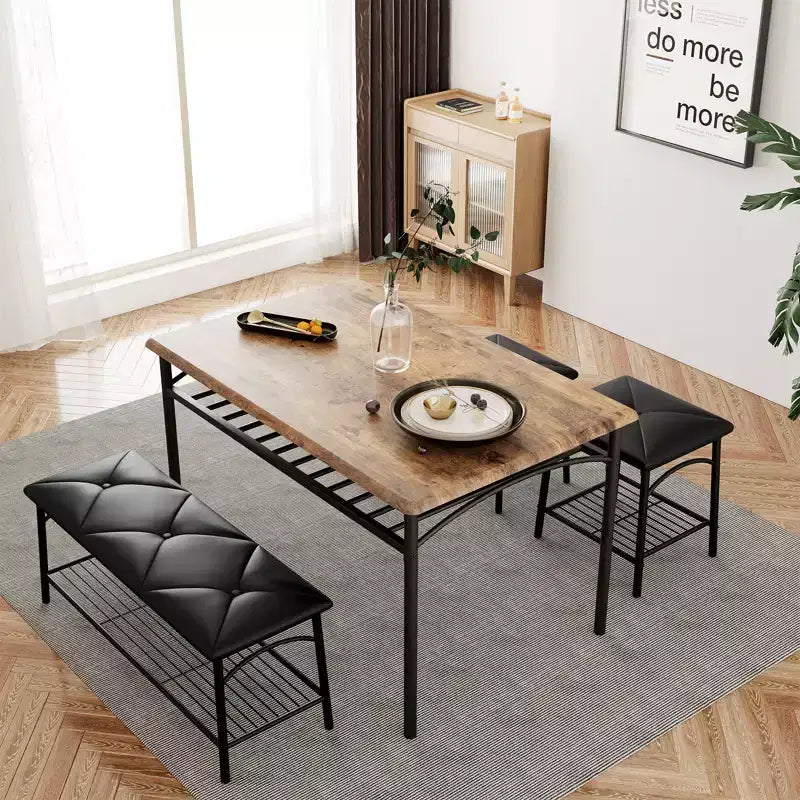Dining Table Set for 4,with Upholstered Bench & Square Stools & Storage Shelves,Metal & Wood Dining Room Kitchen Table Set for Small Space,Apartment