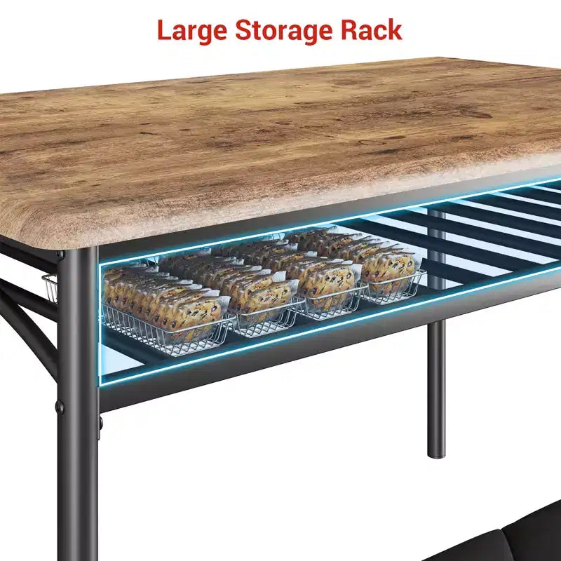 Dining Table Set for 4,with Upholstered Bench & Square Stools & Storage Shelves,Metal & Wood Dining Room Kitchen Table Set for Small Space,Apartment