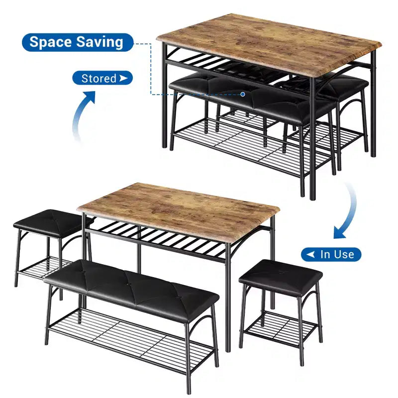 Dining Table Set for 4,with Upholstered Bench & Square Stools & Storage Shelves,Metal & Wood Dining Room Kitchen Table Set for Small Space,Apartment