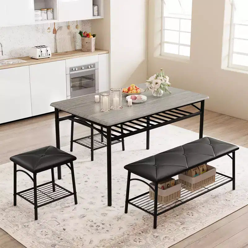Dining Table Set for 4,with Upholstered Bench & Square Stools & Storage Shelves,Metal & Wood Dining Room Kitchen Table Set for Small Space,Apartment