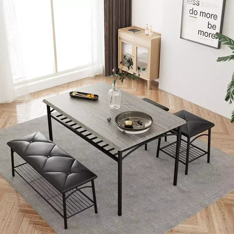 Dining Table Set for 4,with Upholstered Bench & Square Stools & Storage Shelves,Metal & Wood Dining Room Kitchen Table Set for Small Space,Apartment