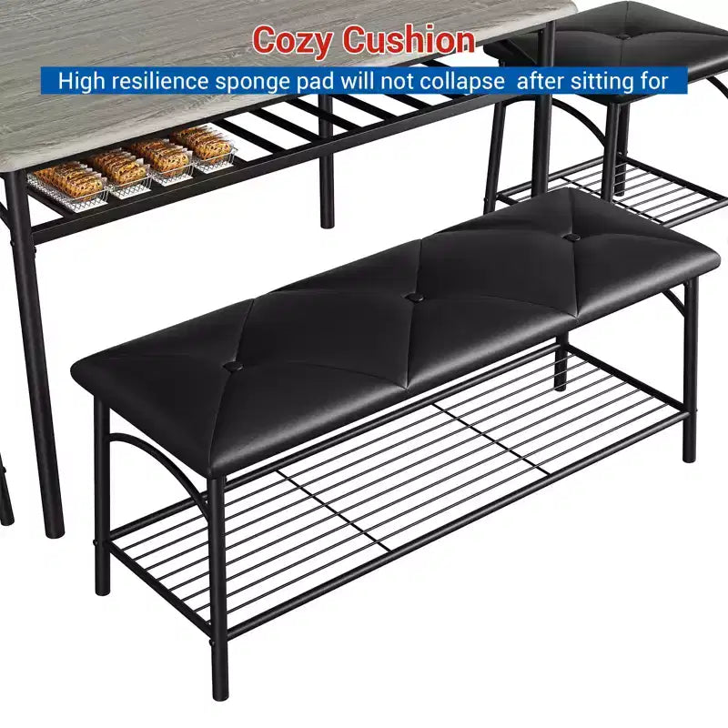 Dining Table Set for 4,with Upholstered Bench & Square Stools & Storage Shelves,Metal & Wood Dining Room Kitchen Table Set for Small Space,Apartment