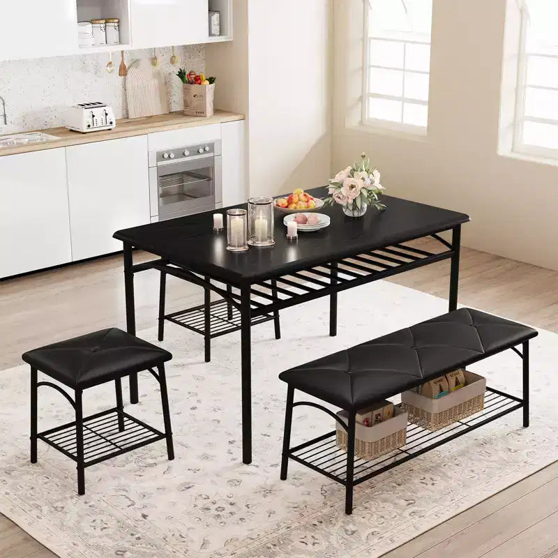 Dining Table Set for 4,with Upholstered Bench & Square Stools & Storage Shelves,Metal & Wood Dining Room Kitchen Table Set for Small Space,Apartment