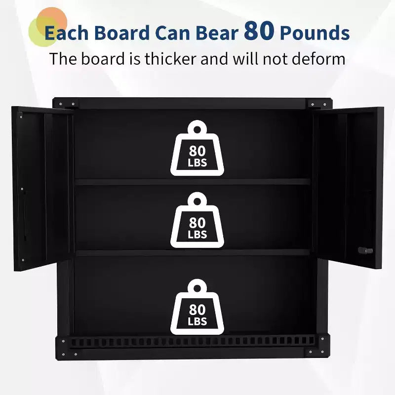 Heavy Duty Wall Cabinet | Steel Hanging Storage w/Shelves & Lock | Rust Resistant Organizer for Garage, Workshop, Warehouse - Black