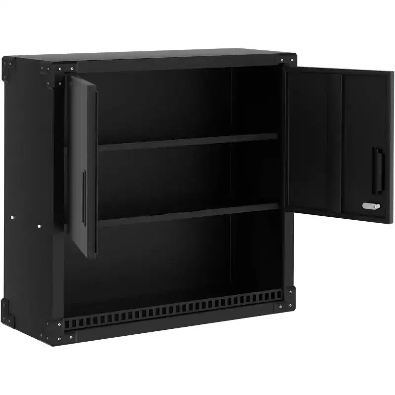 Heavy Duty Wall Cabinet | Steel Hanging Storage w/Shelves & Lock | Rust Resistant Organizer for Garage, Workshop, Warehouse - Black