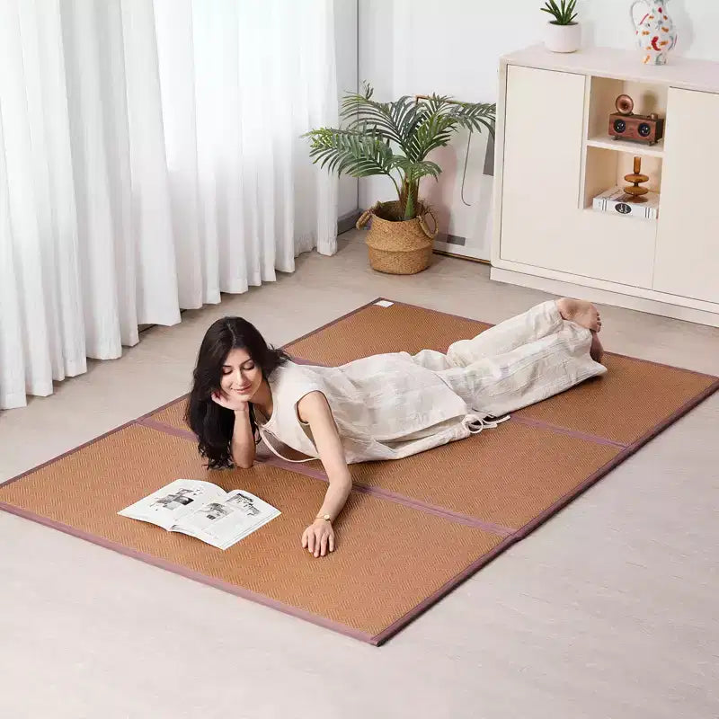 VEVOR Tapis Tatami Japonais, Tapis Tatami en Rotin Naturel Tressé à la Main Pliable de 203 x 140 cm, Tapis de Sol Tatami Japonais Antidérapant et Facile à Nettoyer, Marron
