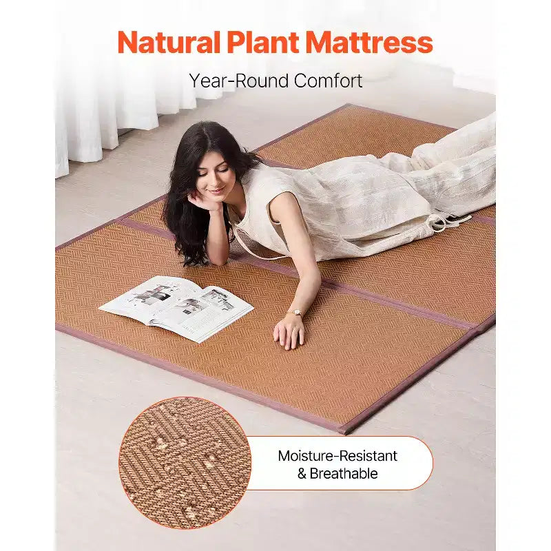 VEVOR Tapis Tatami Japonais, Tapis Tatami en Rotin Naturel Tressé à la Main Pliable de 203 x 140 cm, Tapis de Sol Tatami Japonais Antidérapant et Facile à Nettoyer, Marron