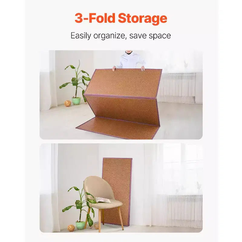 VEVOR Tapis Tatami Japonais, Tapis Tatami en Rotin Naturel Tressé à la Main Pliable de 203 x 140 cm, Tapis de Sol Tatami Japonais Antidérapant et Facile à Nettoyer, Marron
