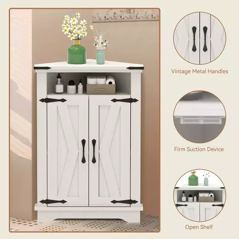 Meuble d'angle de salle de bain, petit meuble d'angle avec portes coulissantes et étagère réglable, table de salle de bain de style ferme pour petites cuisines et salons