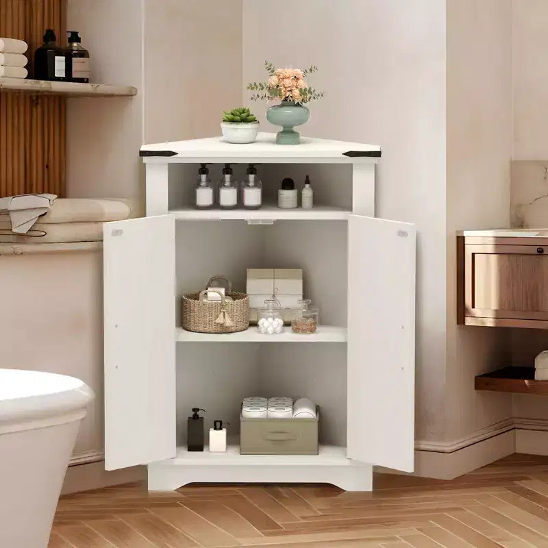 Meuble d'angle de salle de bain, petit meuble d'angle avec portes coulissantes et étagère réglable, table de salle de bain de style ferme pour petites cuisines et salons