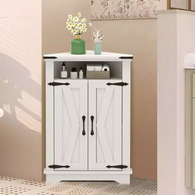 Meuble d'angle de salle de bain, petit meuble d'angle avec portes coulissantes et étagère réglable, table de salle de bain de style ferme pour petites cuisines et salons