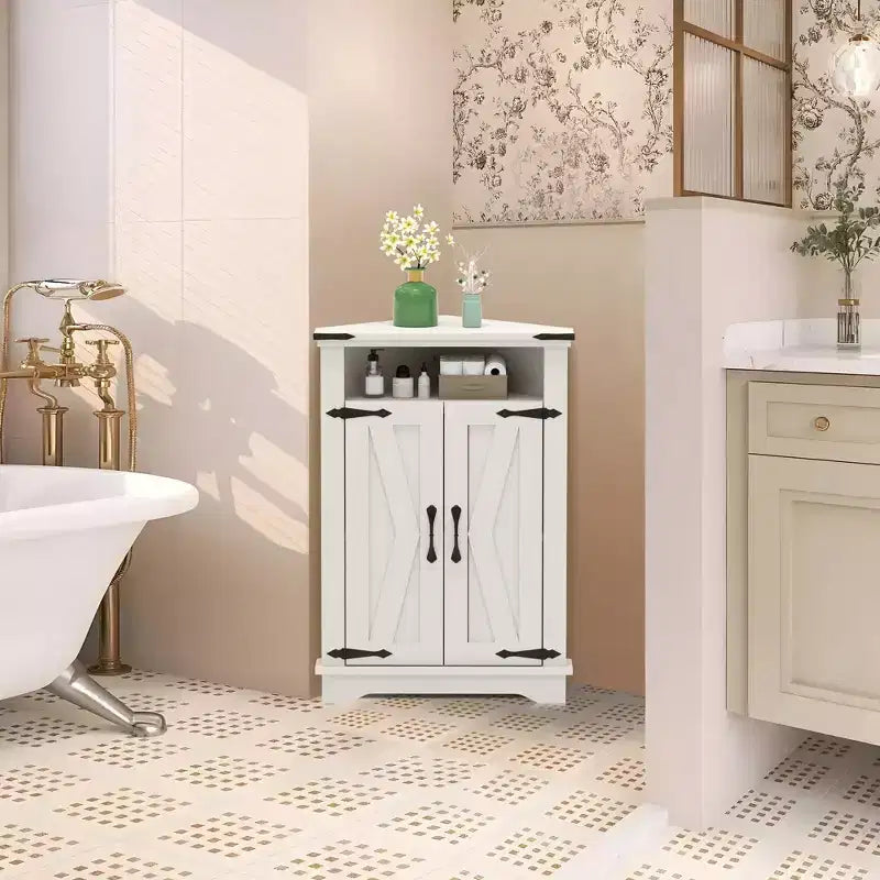 Meuble d'angle de salle de bain, petit meuble d'angle avec portes coulissantes et étagère réglable, table de salle de bain de style ferme pour petites cuisines et salons