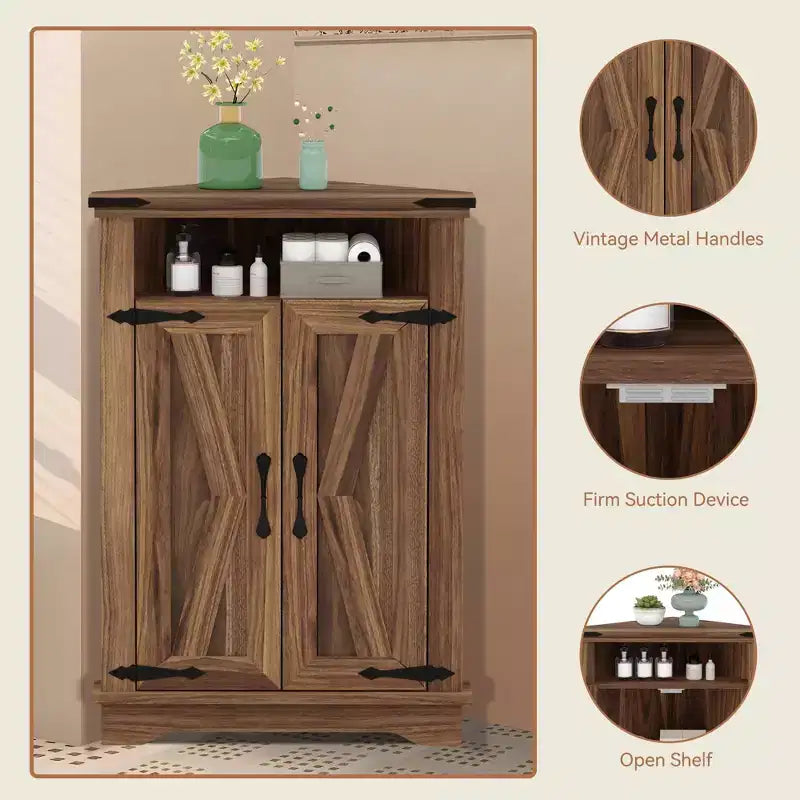 Meuble d'angle de salle de bain, petit meuble d'angle avec portes coulissantes et étagère réglable, table de salle de bain de style ferme pour petites cuisines et salons