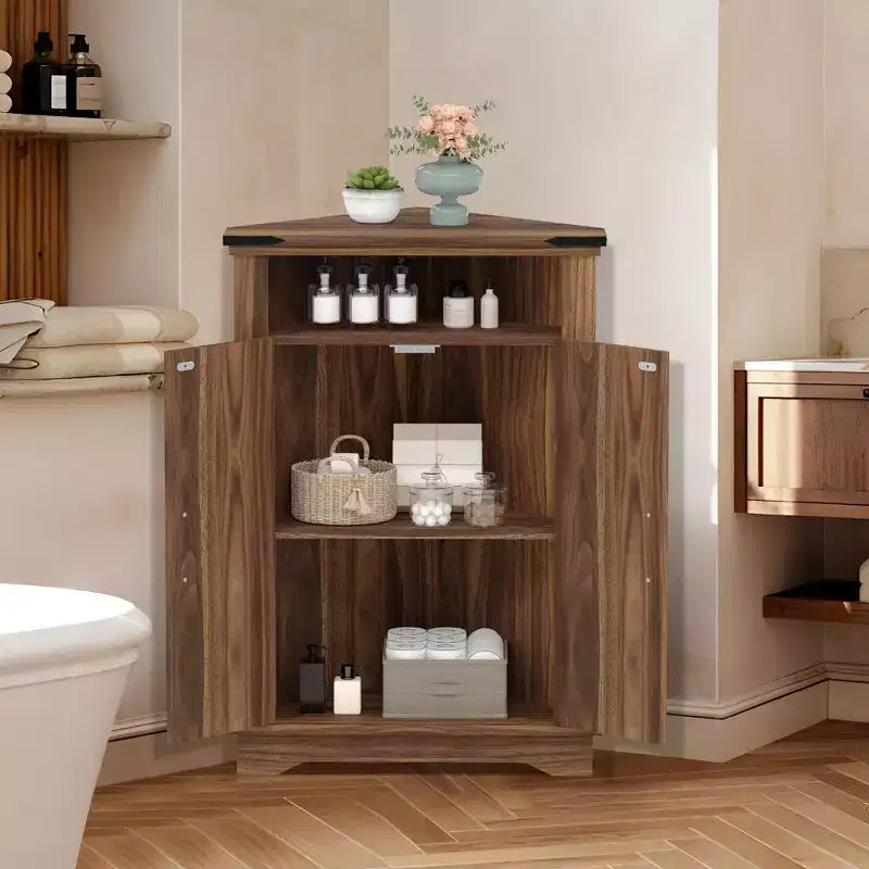 Meuble d'angle de salle de bain, petit meuble d'angle avec portes coulissantes et étagère réglable, table de salle de bain de style ferme pour petites cuisines et salons