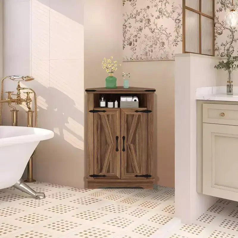 Meuble d'angle de salle de bain, petit meuble d'angle avec portes coulissantes et étagère réglable, table de salle de bain de style ferme pour petites cuisines et salons